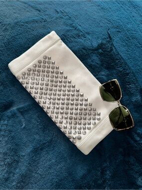 ASH Platinum Off-White Leather Studded Foldover Zip-Top Clutch EUC GORGEOUS!